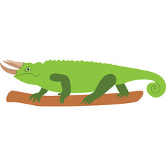 Naklejka premium Green Chameleon with Horns Perched on a Branch Against a Transparent Background Detailed Illustration