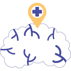 Blue brain silhouette with purple veins and orange location pin with blue cross on transparent background healthcare concept