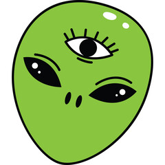 Cartoon Green Alien Head With Three Eyes and Eyelashes on Transparent Background