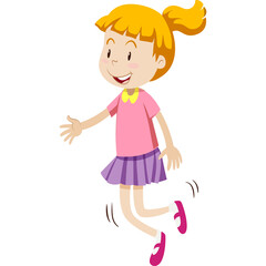 A Joyful Young Girl With Blonde Ponytail Wearing A Pink Shirt And Purple Skirt Happily Jumping With Arms Outstretched In A Playful Pose Isolated On A White Background