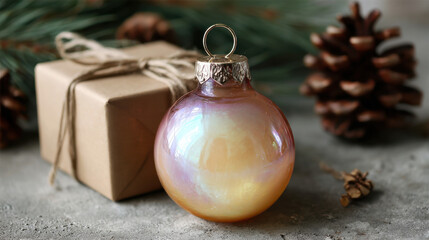 Champagne-colored glass ornament with an iridescent glow, placed beside a rustic gift box and pinecones