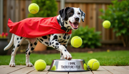 - Playful Dalmatian in red cape catching tennis balls in backyard