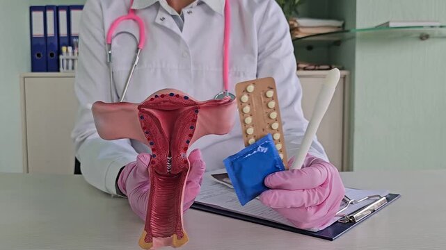 Demonstration of contraceptive methods and the uterus. Condoms, vaginal suppositories, and birth control pills. Contraception methods and safe sex - Powered by Adobe