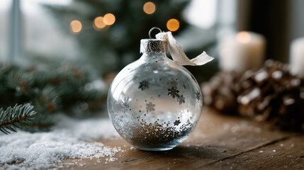 Glass ornament decorated with silver snowflakes and confetti, resting on snowy wooden surface with candles and pinecones