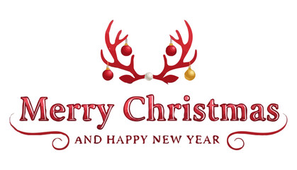 Red Merry Christmas lettering with Reindeer antlers horns with hanging ornaments. Great for holiday greeting cards, Christmas gift tags, posters, banners. vector file.