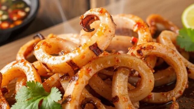 Grilled squid rings with chili flakes and cilantro on a wooden board with dipping sauce