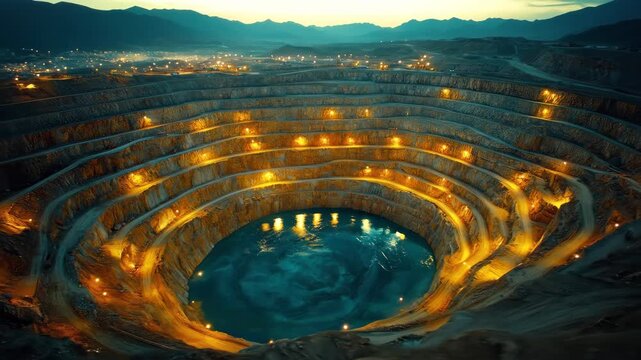 Aerial view of a deep mine illuminated at night with still water below