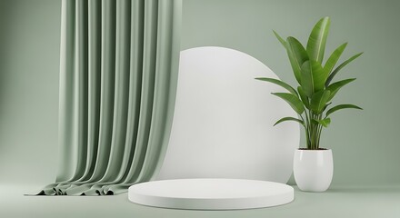 Minimalist Green Scene with Plant and Display Stand