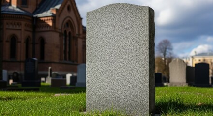 Empty Gravestone in Cemetery with Church in Background, Tombstone, Graveyard, Death