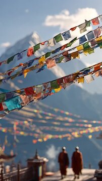 Prayer Flags and Mountain Serenity: The vibrant prayer flags dance gracefully in the wind against a backdrop of majestic mountains, embodying peace.