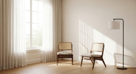 Fototapeta premium Minimalist Living Room with Sunlight Streaming Through Large Window and Two Wooden Chairs