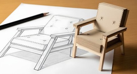Conceptual Illustration of Miniature Cardboard Chair and Sketched Furniture Design
