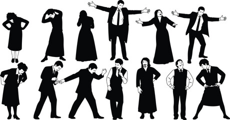 gesture, pose, emotion, silhouette, character, expressive, body language, frustration, confusion, pointing, talking, vector, icon, black, white, dramatic, formal, cad drawing flat vector illustration