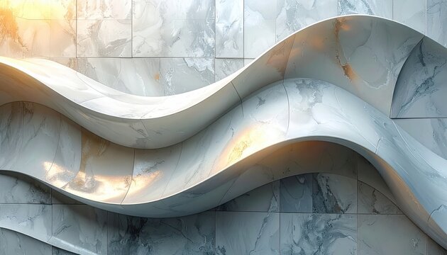 A modern architectural detail featuring a fluid, wave-like curve in polished white and grey marble, illuminated by warm light.
