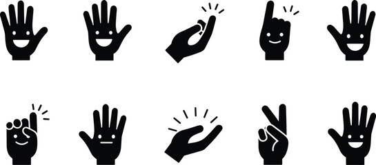 hand gesture icon, expressive hand, cartoon hand, motion lines, smiling face, vector illustration, emoji style, cad drawing, flat design, cad drawing flat vector illustration