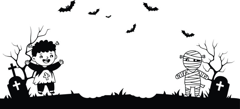 Halloween cartoon kids illustration, skeleton and mummy costume characters, spooky graveyard scene, bats flying, festive black and white vector drawing - Powered by Adobe