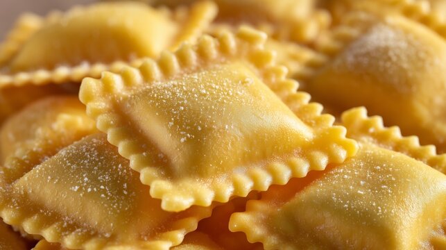 Uncooked ravioli pasta with flour dusting, ready for cooking a delicious italian meal