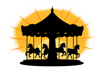 Carousel horses silhouette with sunset light on transparent background, representing fun, childhood memories, and amusement rides
