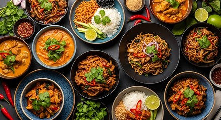Delicious Thai Cuisine Platter Featuring Curries Noodles and Rice