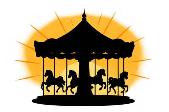 Carousel horses silhouette with sunset light on transparent background, representing fun, childhood memories, and amusement rides