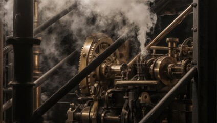 Vintage Steam Engine Machinery with Wisps of Smoke.