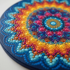 Obraz premium Detailed macro shot of a finished, colorful dot art mandala painting on a canvas, showing precise dot work. Created using generative AI tools