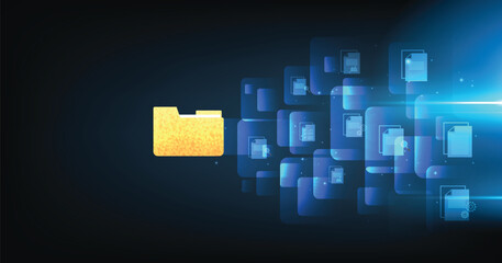 Document management and digital document paperless operational concept. Document management and Data transfer through cloud technology with modern internet technology on a dark blue background.