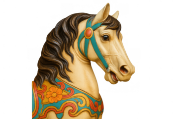 Carousel horse head closeup, painted wood carving, vintage merry-go-round amusement ride element, childhood fantasy concept