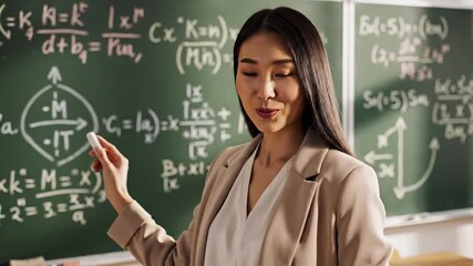Portrait of a beautiful Asian woman standing in front of a blackboard, highlighting professional or educational context, thoughtful expression, and classroom or learning environment