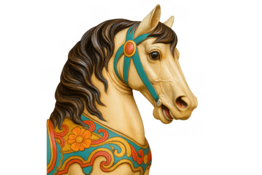 Carousel horse head closeup, painted wood carving, vintage merry-go-round amusement ride element, childhood fantasy concept