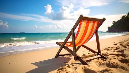 A vibrant beach scene captures a striped chair set up on soft sand. Azure waters and a blue sky with fluffy clouds fill the backdrop
