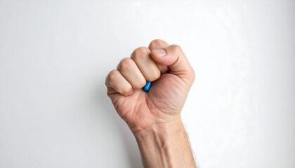 Close-up of a hand tightly clenching a small, blue capsule against a stark white background. Focus on the human anatomy and medication