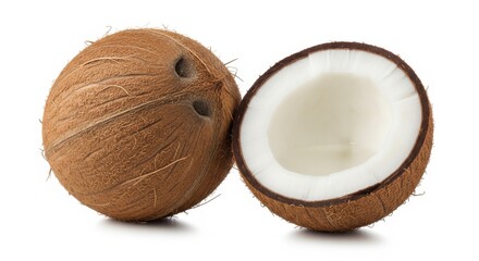 Whole and Halved Coconut on White Background, Tropical, Fruit, Food