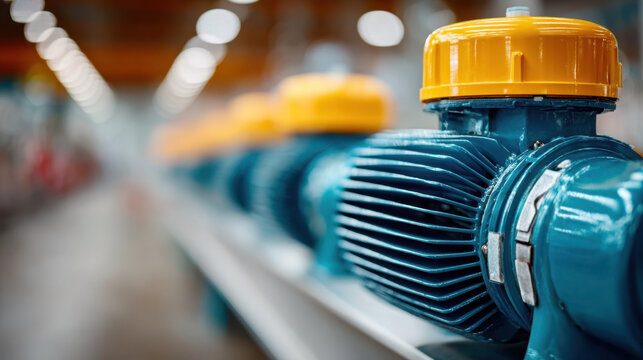 Industrial machinery. Close-up of blue motor with rotating belt for manufacturing use