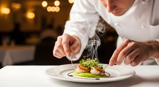 Professional chef meticulously plating a gourmet scallop dish with green puree and microgreens in a fine dining restaurant setting.