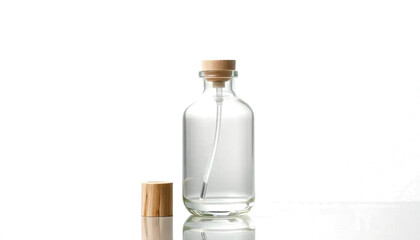transparent diffuser bottle with bamboo cap, clear essential oil inside, minimal spa aesthetic, soft reflection, isolated transparent background.
