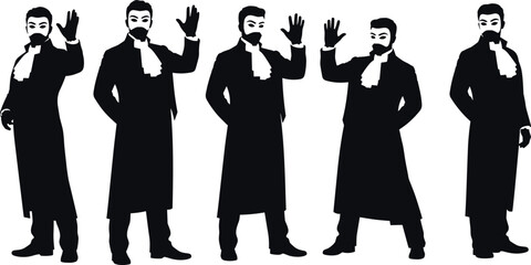 Historical man silhouette, vintage gentleman pose, formal attire icon, cravat, coat, dress shoes, vector illustration, cad drawing, flat design