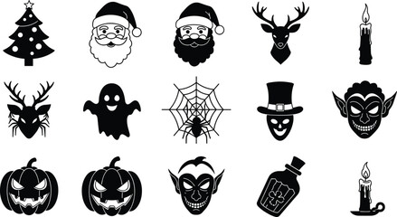 holiday icon, spooky symbol, festive vector, Christmas illustration, Halloween graphic, seasonal design, black white icon, cad drawing, flat style, cad drawing flat vector illustration