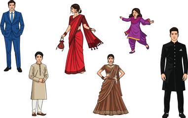 Indian family illustration, traditional clothing, festive attire, cultural celebration, ethnic wear, vector people, ceremony outfit, flat design, cad drawing