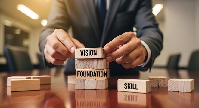 Businessman building a tower of wooden blocks with 'vision' and 'foundation' representing core business values - Powered by Adobe