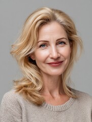 Naklejka premium smiling sophisticated 50s middle aged blond business woman looking at camera happy mature elegant old lady isolated advertising products or services on grey background headshot close up portrait no l