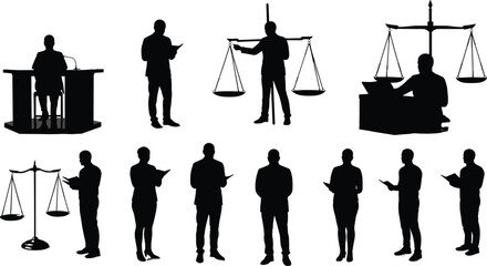 Law and justice silhouette, legal professionals, judge, lawyer, courtroom scene, scales of justice, cad drawing flat vector illustration, legal icons