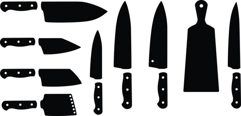 Kitchen knives, chef tools, cutting board, culinary equipment, black silhouette, cooking utensils, food prep, vector set, cad drawing, flat illustration