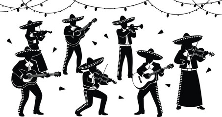 Mariachi, band, music, Mexican, culture, celebration, sombrero, charro, guitar, trumpet, violin, festive, traditional, vector, icon, black, white, performance, cad drawing flat vector illustration