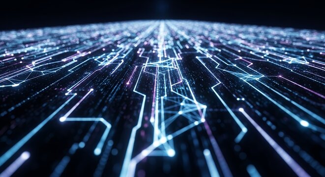 Abstract digital circuit board with neon lights, concept for artificial intelligence, machine learning and data processing - Powered by Adobe