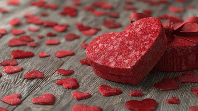 red heartshaped gift box with ribbon and scattered hearts on wood  