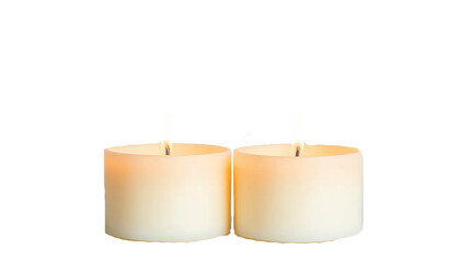 two scented candles with soft flames, placed side by side, warm cozy glow, luxury spa mood, isolated on transparent background.