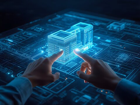 Futuristic digital twin smart city planning with holographic building models and human interaction on an interactive display - Powered by Adobe
