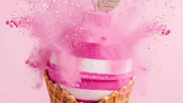 Pink  white striped bath bomb in a waffle cone exploding pink dust against a pink background