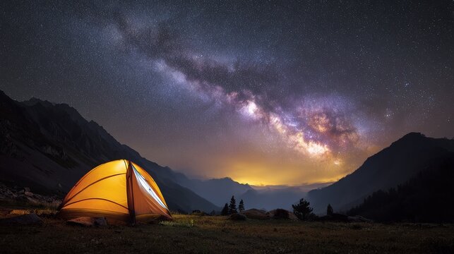 camping under a starry sky orange tent glows in mountain valley distant peaks and clouds silhouette against purple and yellow milky way astrophotography landscape - Powered by Adobe